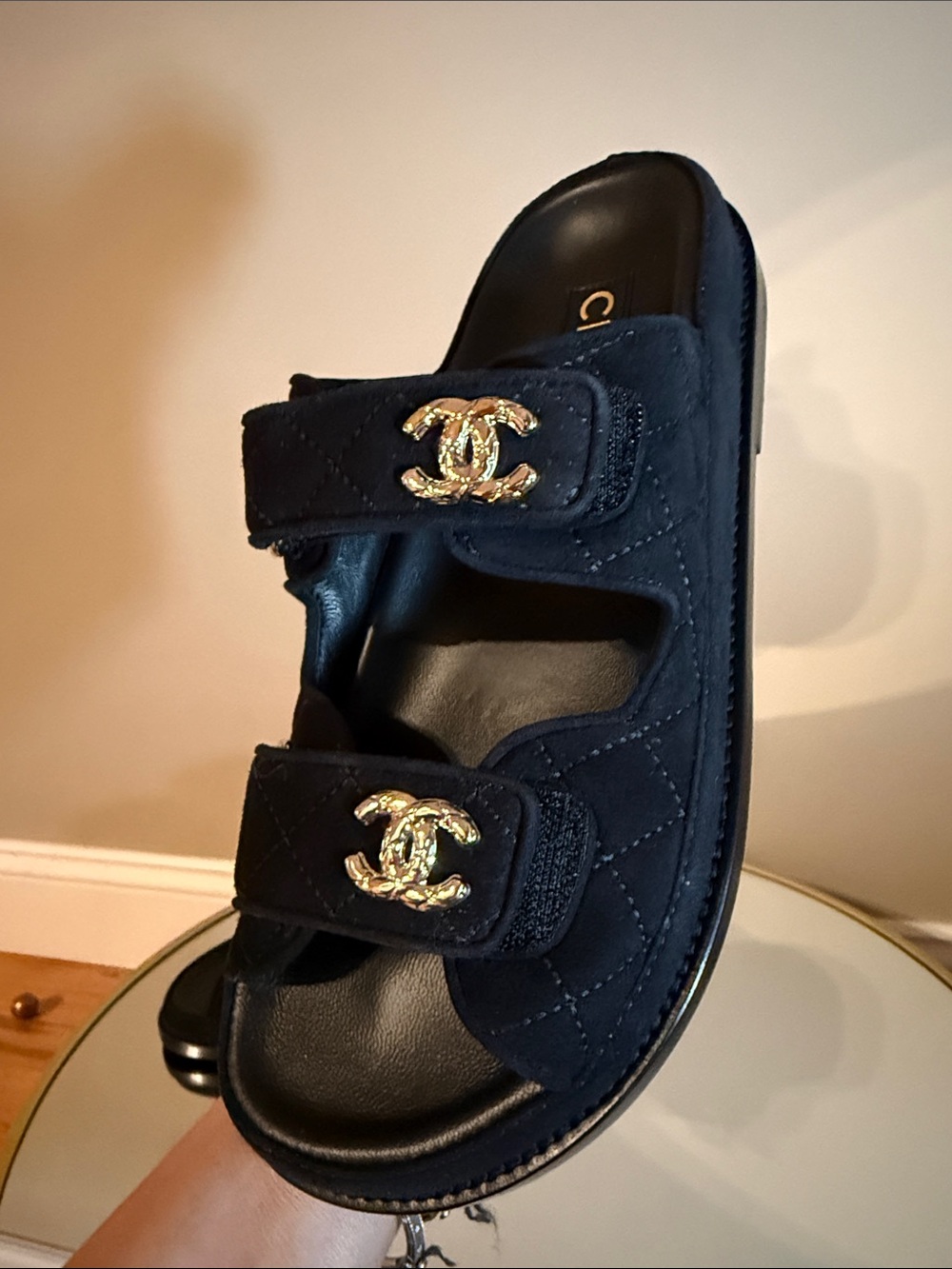 CHANEL 26C DAD SANDALS SLIDES Suede qujlted  leather SIZE 36.5